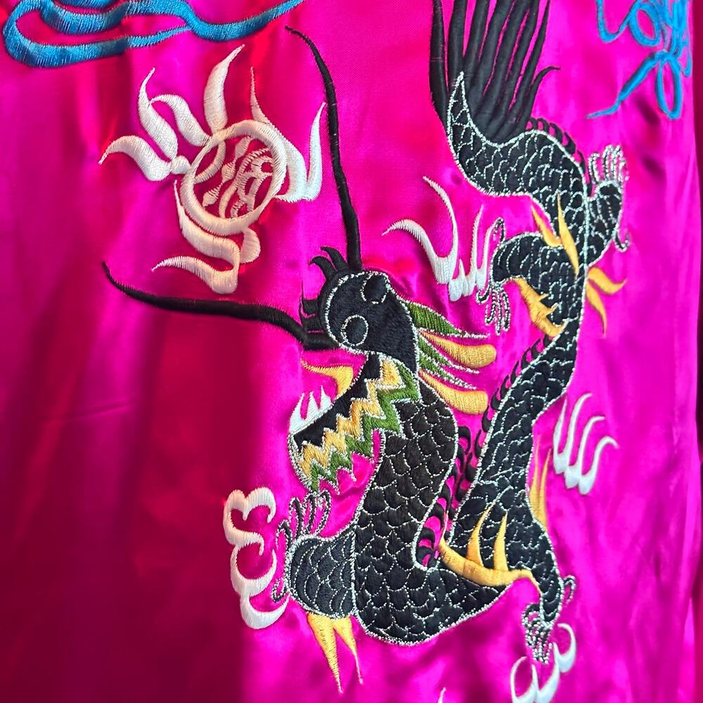 Dragon Embroidered Satin Kimono Robe Fuchsia Japanese Style Haori Unisex - Picture 7 of 8